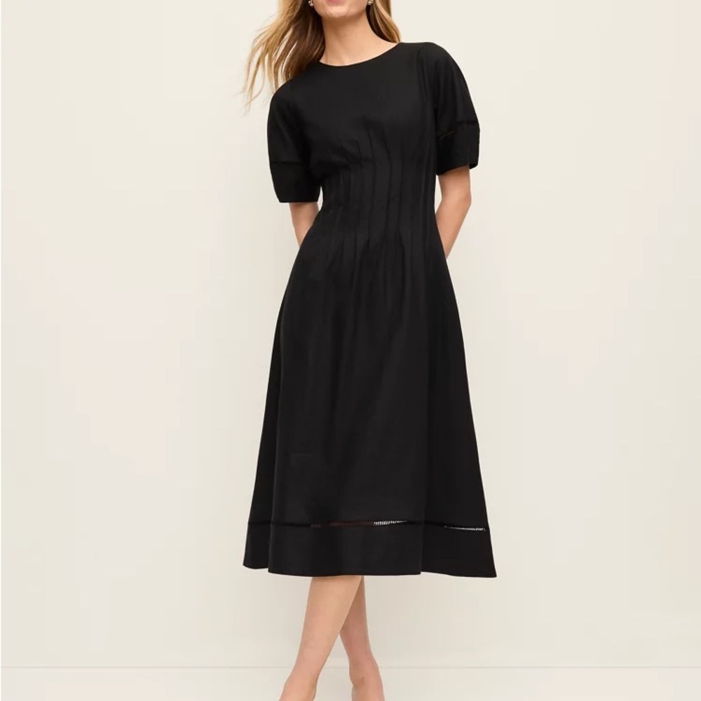 Black Linen Pintuck Midi Dress